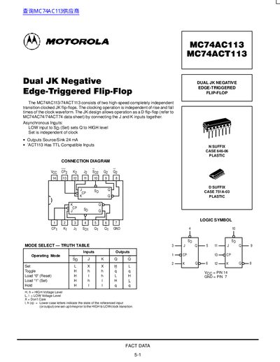 Motorola MC74AC113/MC74ACT113 Dual JK Flip-Flop Datasheet