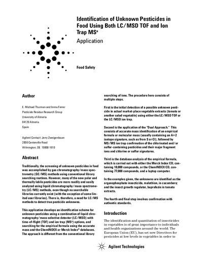 Identification of Unknown Pesticides in Food Using LC/MSD TOF and Ion Trap MS(n) - cover page