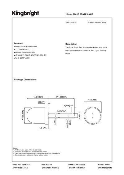 KINGBRIGHT - SPEC NO: DSAF2471 REV NO: V.1 10mm SOLID STATE LAMP handbook - cover page