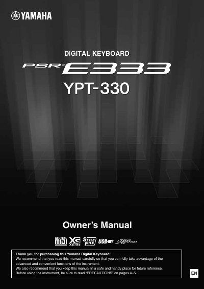 Yamaha PSR-E333/YPT-330 Digital Keyboard Owner's Manual