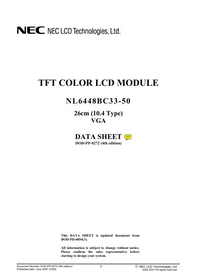 NEC NL6448BC33-50 TFT Color LCD Module Data Sheet - cover page