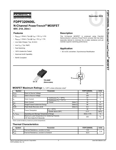 Fairchild FDPF320N06L N-Channel PowerTrench MOSFET Datasheet - cover page