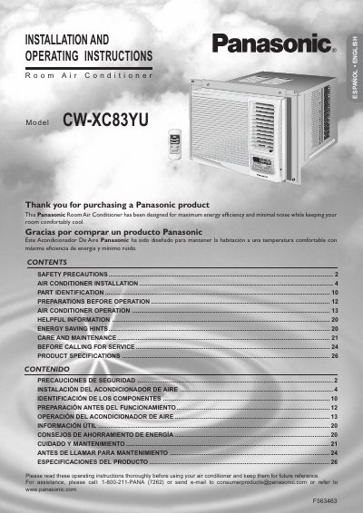 Panasonic CWXC83YU Room Air Conditioner Installation and Operating Instructions - cover page