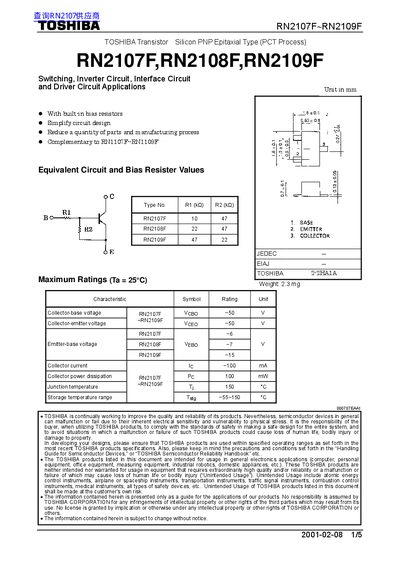 Toshiba RN2107F/RN2108F/RN2109F PNP Transistor Data Sheet - cover page