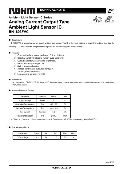 ROHM BH1603FVC Ambient Light Sensor Datasheet - cover page