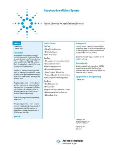 Agilent H4063A Interpretation of Mass Spectra Training Course Handbook - cover page