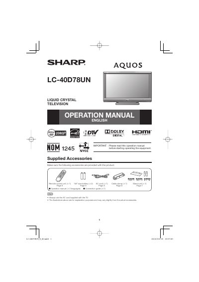 Sharp LC-40D78UN Liquid Crystal Television Operation Manual - cover page