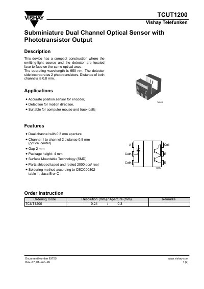 Vishay TCUT1200 Subminiature Dual Channel Optical Sensor Datasheet - cover page