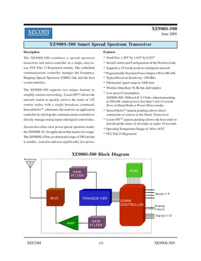 XECOM XE900S-500 Smart Spread Spectrum Transceiver Data Sheet - cover page