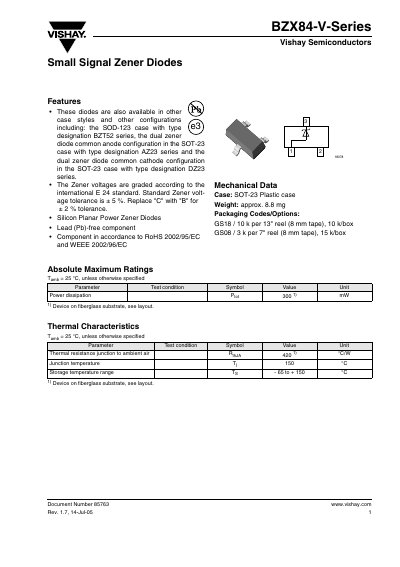 Vishay BZX84-V Series Zener Diode Datasheet - cover page
