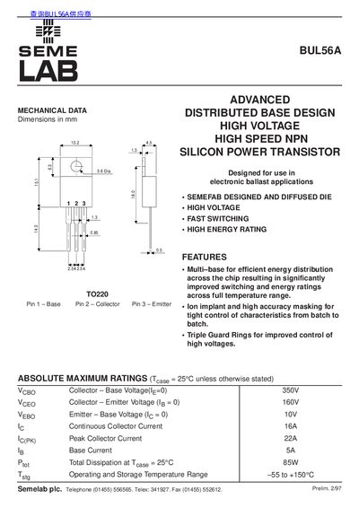 Semelab BUL56A Silicon Power Transistor Datasheet - cover page