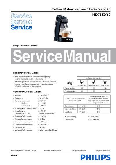 Philips Senseo HD7850/60 Coffee Maker Service Manual - cover page