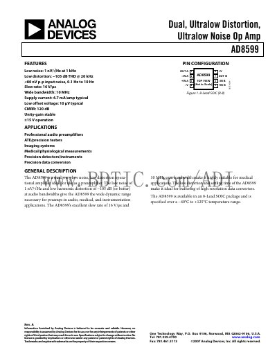 Analog Devices AD8599 Operational Amplifier Datasheet - cover page
