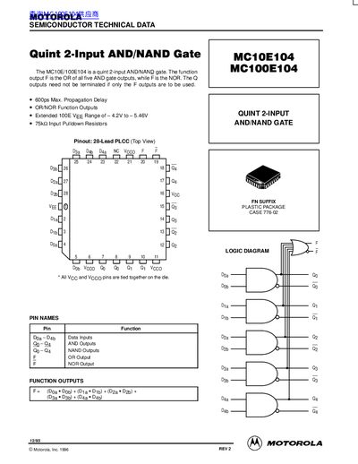 Motorola MC10E104/MC100E104 Quint 2-Input AND/NAND Gate Datasheet - cover page
