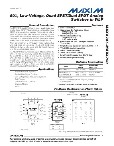 Maxim MAX4747–MAX4750 Low-Voltage Analog Switches Datasheet - cover page