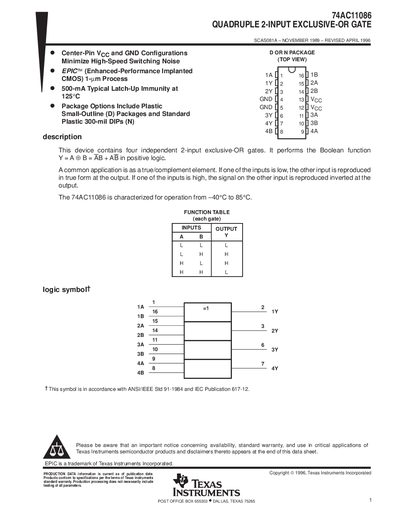 Texas Instruments 74AC11086 Quadruple 2-Input Exclusive-OR Gate Datasheet - cover page