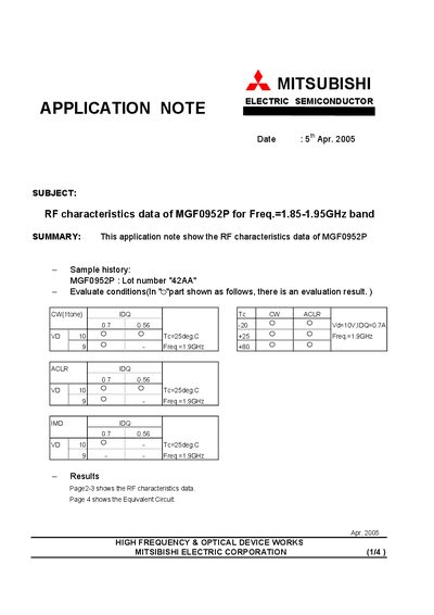 Mitsubishi Electric MGF0952P Application Note - cover page