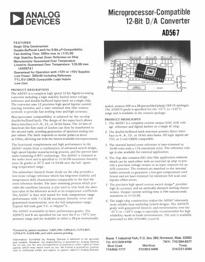 Analog Devices AD567 12-Bit D/A Converter Datasheet