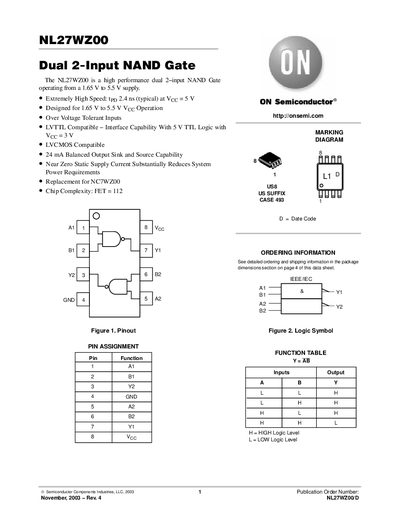 ON Semiconductor NL27WZ00 Dual 2-Input NAND Gate Datasheet - cover page