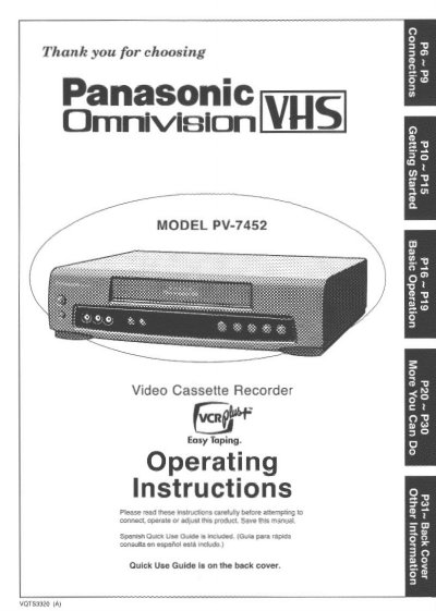 Panasonic PV-7452 VCR Operating Instructions - cover page