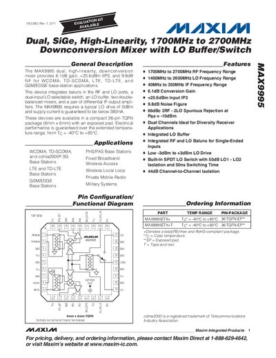 Maxim MAX9995 Dual SiGe Downconversion Mixer Datasheet - cover page