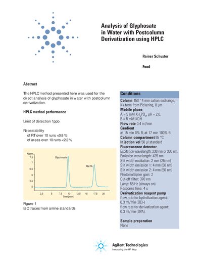 Agilent Glyphosate Analysis in Water with Postcolumn Derivatization using HPLC Application Note - cover page