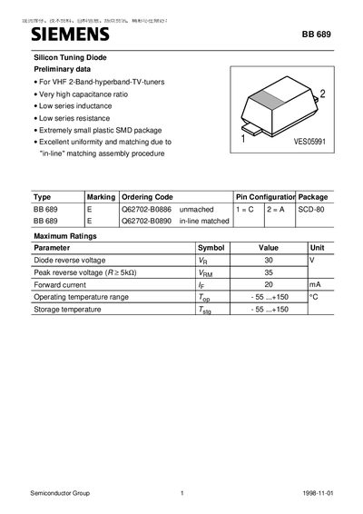 Siemens BB 689 Silicon Tuning Diode Datasheet - cover page