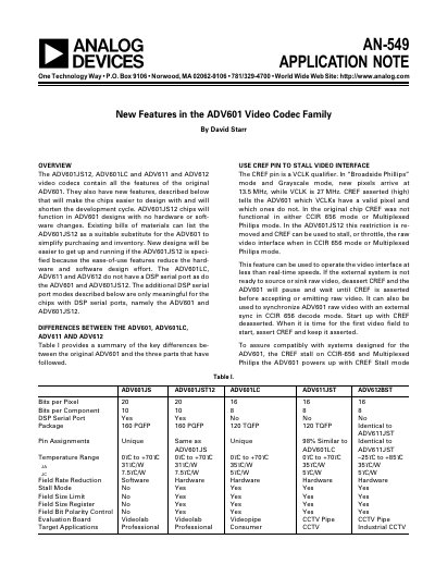 Analog Devices AN-549 Application Note New Features in the ADV601 Video Codec Family