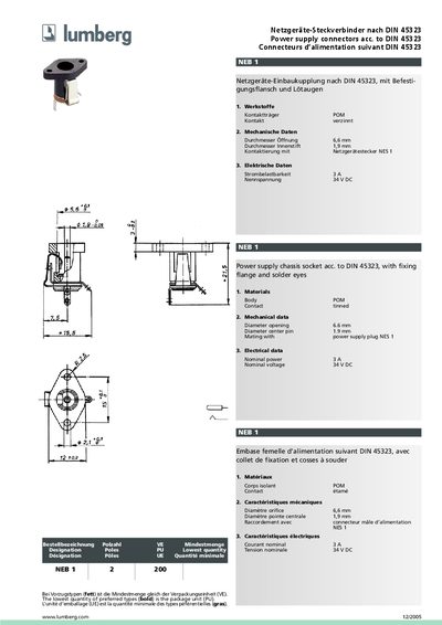 Lumberg NEB 1 2 200 Power Supply Connector DIN 45323 Product Leaflet - cover page
