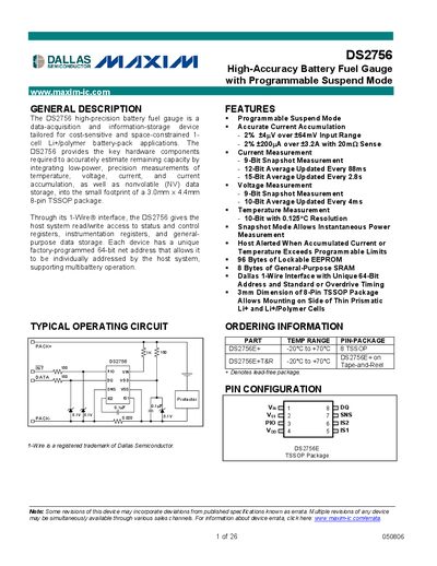 Maxim DS2756 High‑Accuracy Battery Fuel Gauge Datasheet - cover page