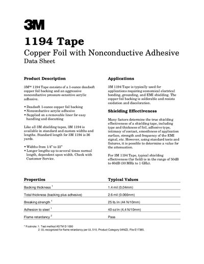3M 1194 Tape Copper Foil with Nonconductive Adhesive Data Sheet - cover page