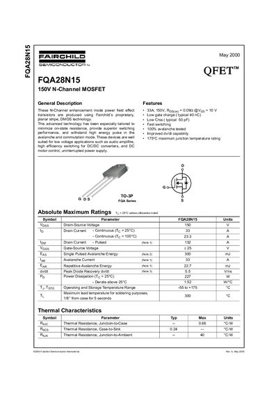Fairchild FQA28N15 N-Channel MOSFET Datasheet - cover page