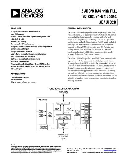 ANALOG DEVICES ADAU1328 2 ADC/8 DAC with PLL 192 kHz 24-Bit Codec English products handbook Rev A - cover page
