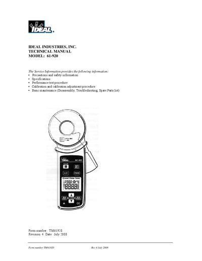 Ideal Industries 61-920 Ground Resistance Clamp Meter Service Manual - cover page