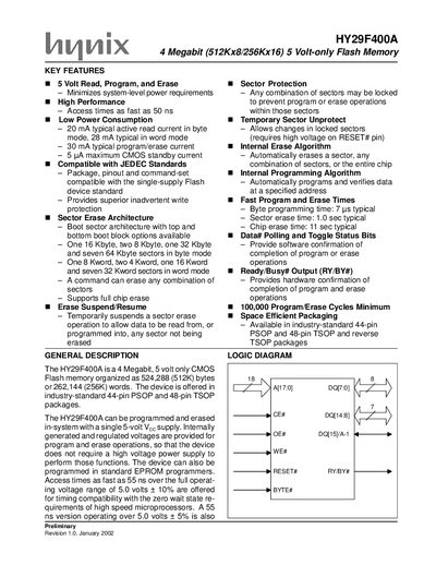 Hynix HY29F400A Flash Memory Datasheet - cover page