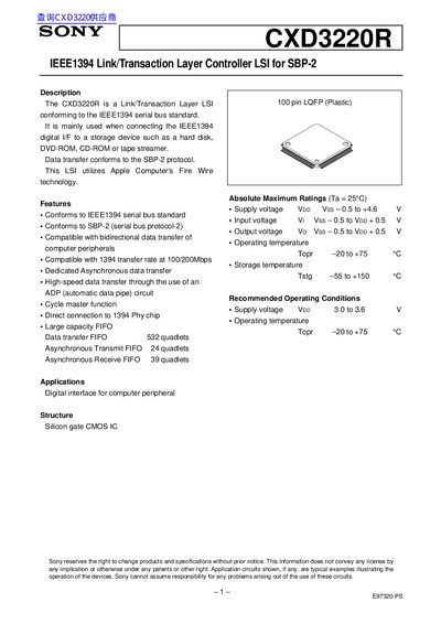 SONY CXD3220R E97320-PS IEEE1394 Link/Transaction Layer Controller LSI for SBP-2 handbook - cover page