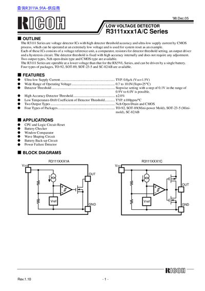 RICOH LOW VOLTAGE DETECTOR R3111xxx1A/C Series - cover page