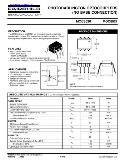 Fairchild MOC8020/MOC8021 Photodarlington Optocoupler Datasheet - cover page