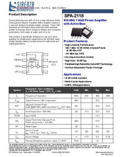 Sirenza SPA-2118 850 MHz 1 W Power Amplifier with Active Bias Datasheet - cover page