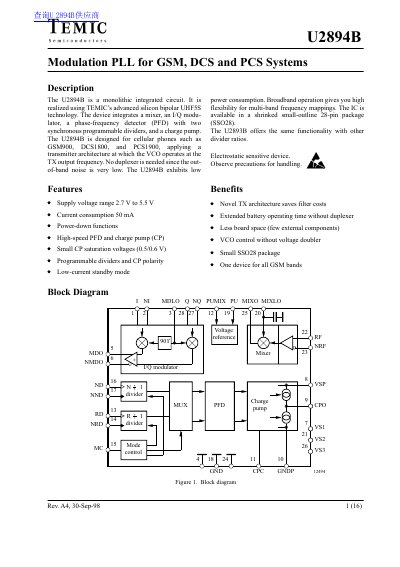 TEMIC U2894B Modulation PLL Datasheet - cover page