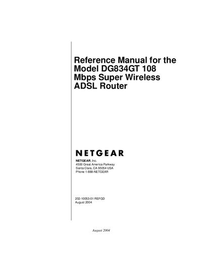 Netgear DG834GT 108 Mbps Super Wireless ADSL Router Reference Manual - cover page