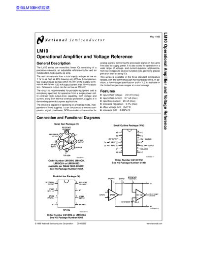 National Semiconductor LM10 Operational Amplifier and Voltage Reference Datasheet