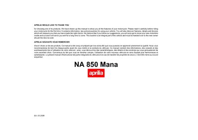 Aprilia NA 850 Mana Owner's Manual - cover page