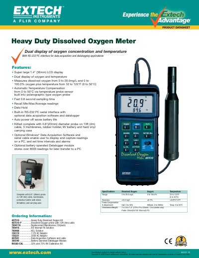 Extech 407510 Heavy Duty Dissolved Oxygen Meter Datasheet - cover page