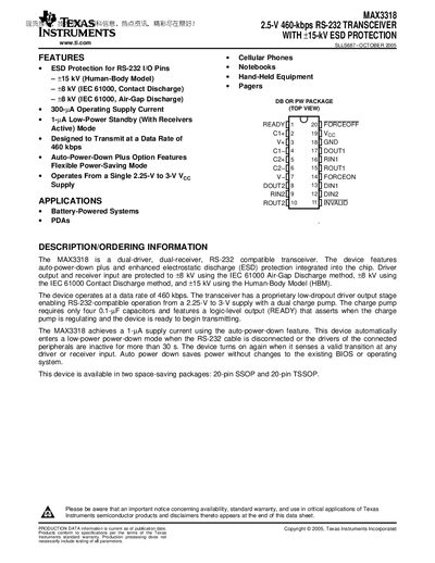 Texas Instruments MAX3318 RS-232 Transceiver Datasheet - cover page