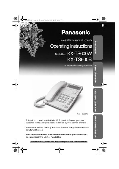 Panasonic KX-TS600B Integrated Telephone System Operating Instructions - cover page