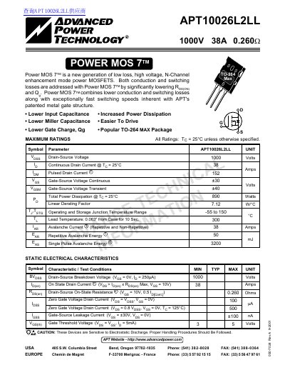 Advanced APT10026L2LL Power MOSFET Datasheet - cover page