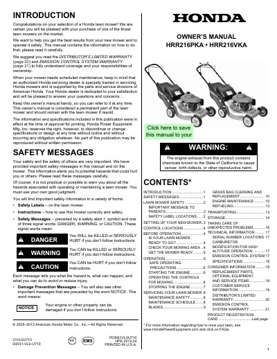 Honda HRR216PKA Lawn Mower Owner's Manual - cover page