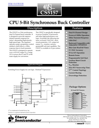 Cherry Semiconductor CS5157 CPU 5-Bit Synchronous Buck Controller Datasheet - cover page
