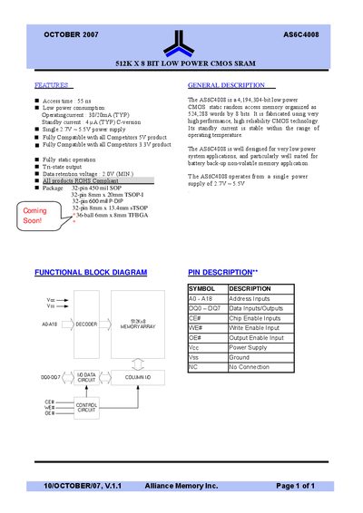 Alliance Memory AS6C4008 512K x 8-bit Low Power CMOS SRAM Datasheet - cover page